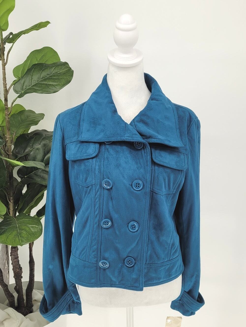 NWT Nine & Company Womens Teal Blue Double-Breasted Peacoat Jacket Petite Large